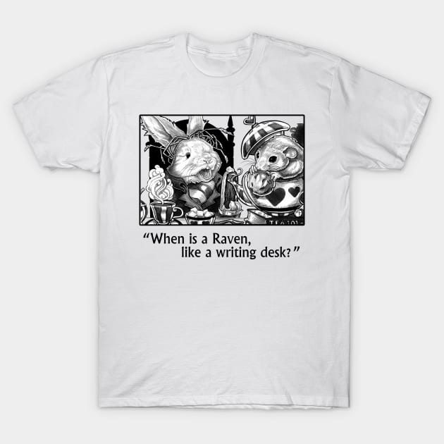 Wonderland - Tea Party - When is a Raven Like a Writing Desk - Black Outlined Version T-Shirt by Nat Ewert Art